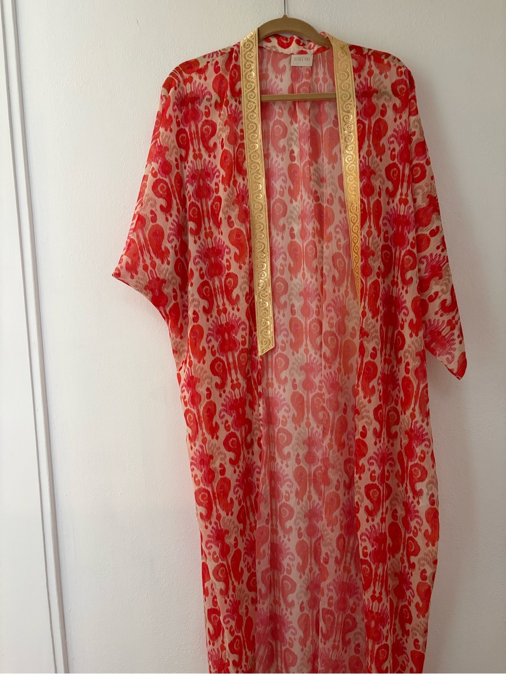 Sheer Tangerine Paisley Kimono Coat with Gold Trim